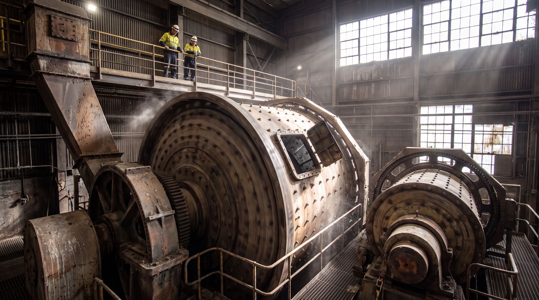 Broyeur à boulets et circuit de re-broyage dans une usine de traitement d'or, vue du cyclone de classification et de la pompe d'alimentation