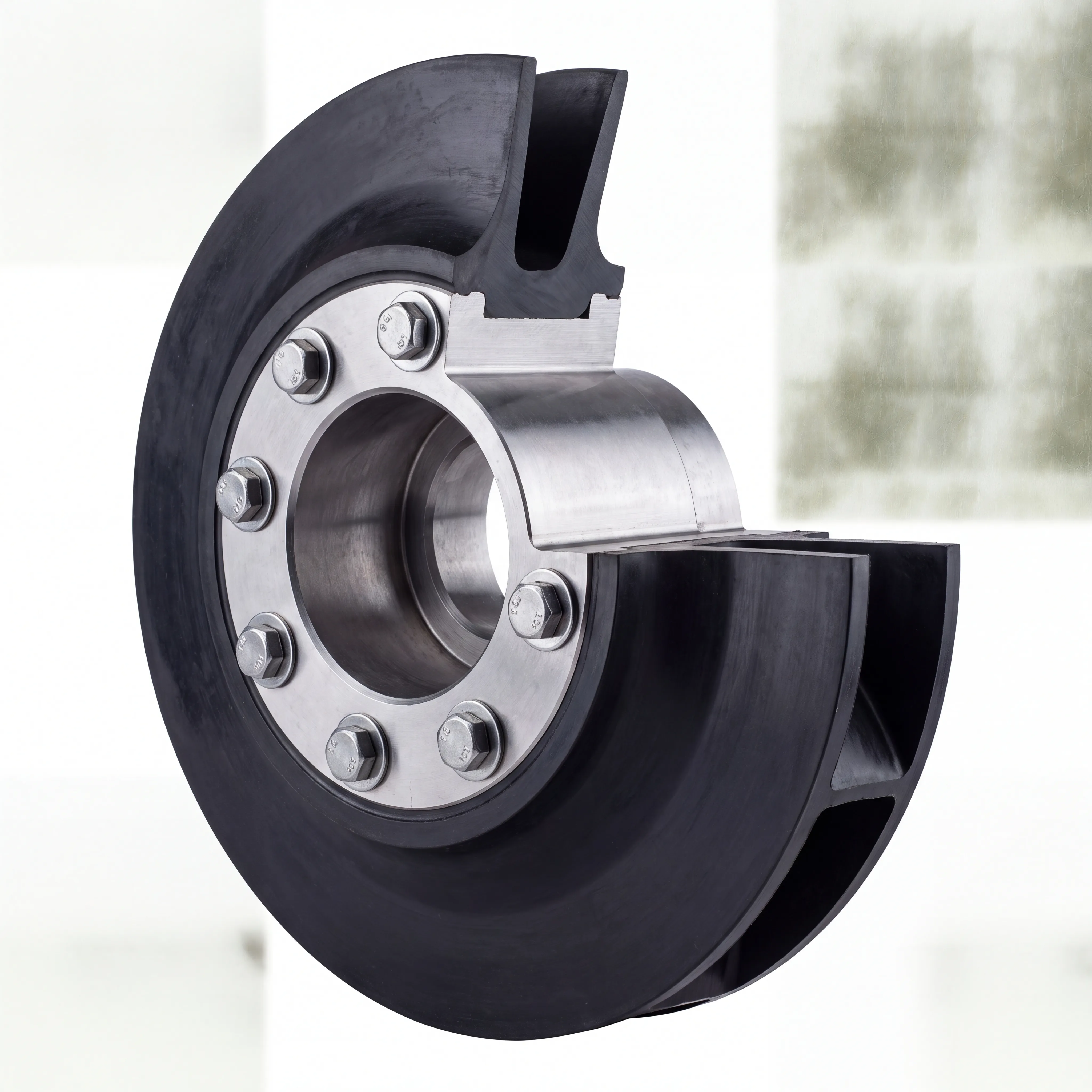 Slurry pump impeller cross-section showing rubber-lined construction