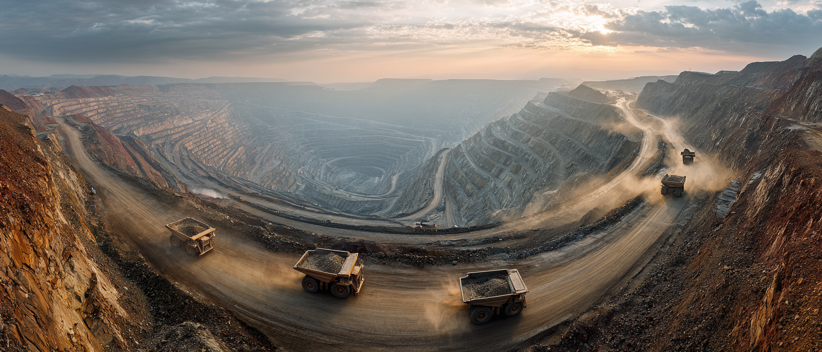 Multiple haul trucks on winding mine roads